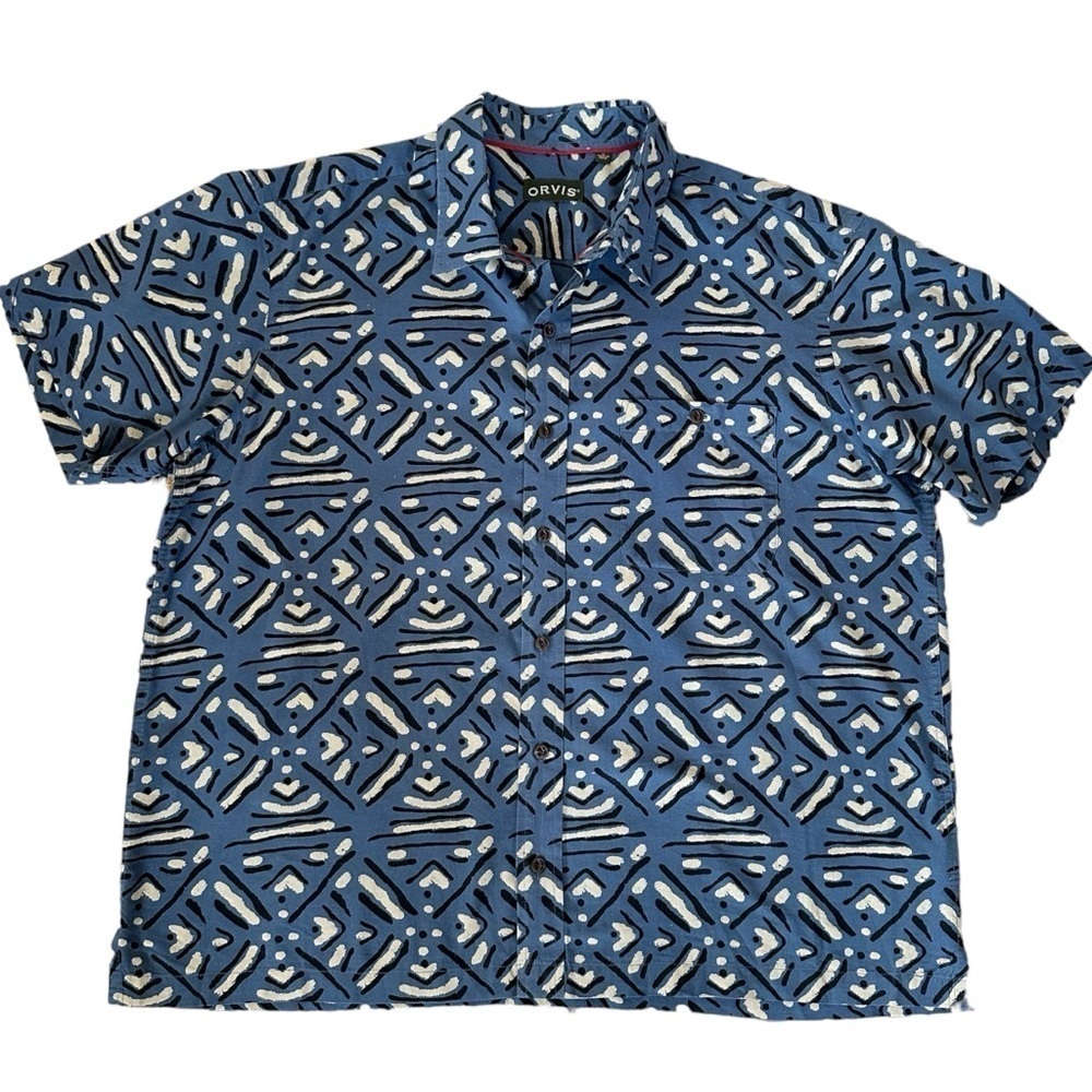 Orvis Men’s 100% Cotton Tiki Printed Shirt in Blue Size XL